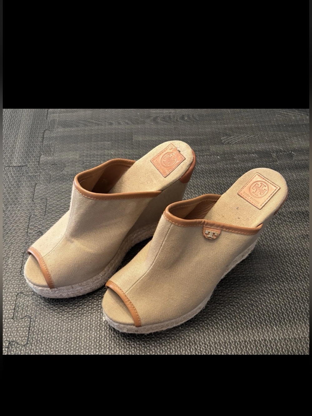 Tory Burch Agatha Tan Brown Canvas Mule Wedges Size 7.5 Boho